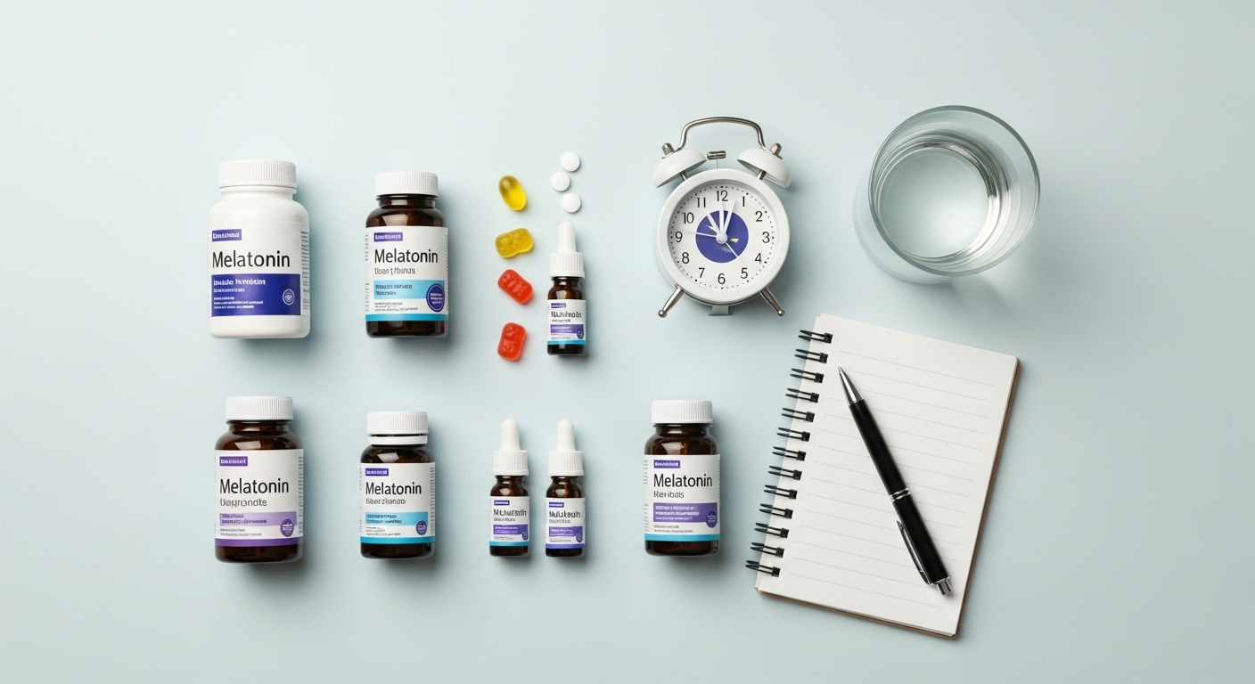 멜라토닌 보충제 여러 형태와 함께, 올바른 섭취 시간 및 방법을 상징하는 시계와 물잔이 놓인 이미지