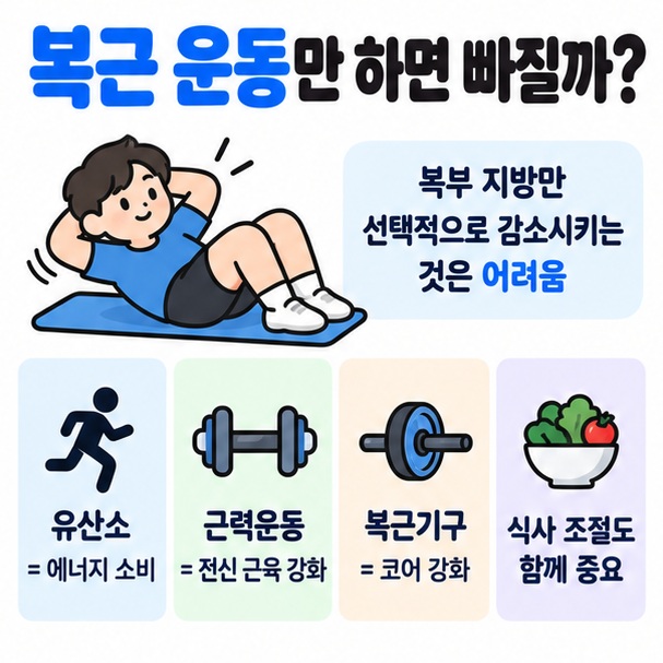 복근 운동만으로 복부 지방만 줄일 수 없고 유산소 근력 식사 조절이 함께 필요하다는 설명 이미지