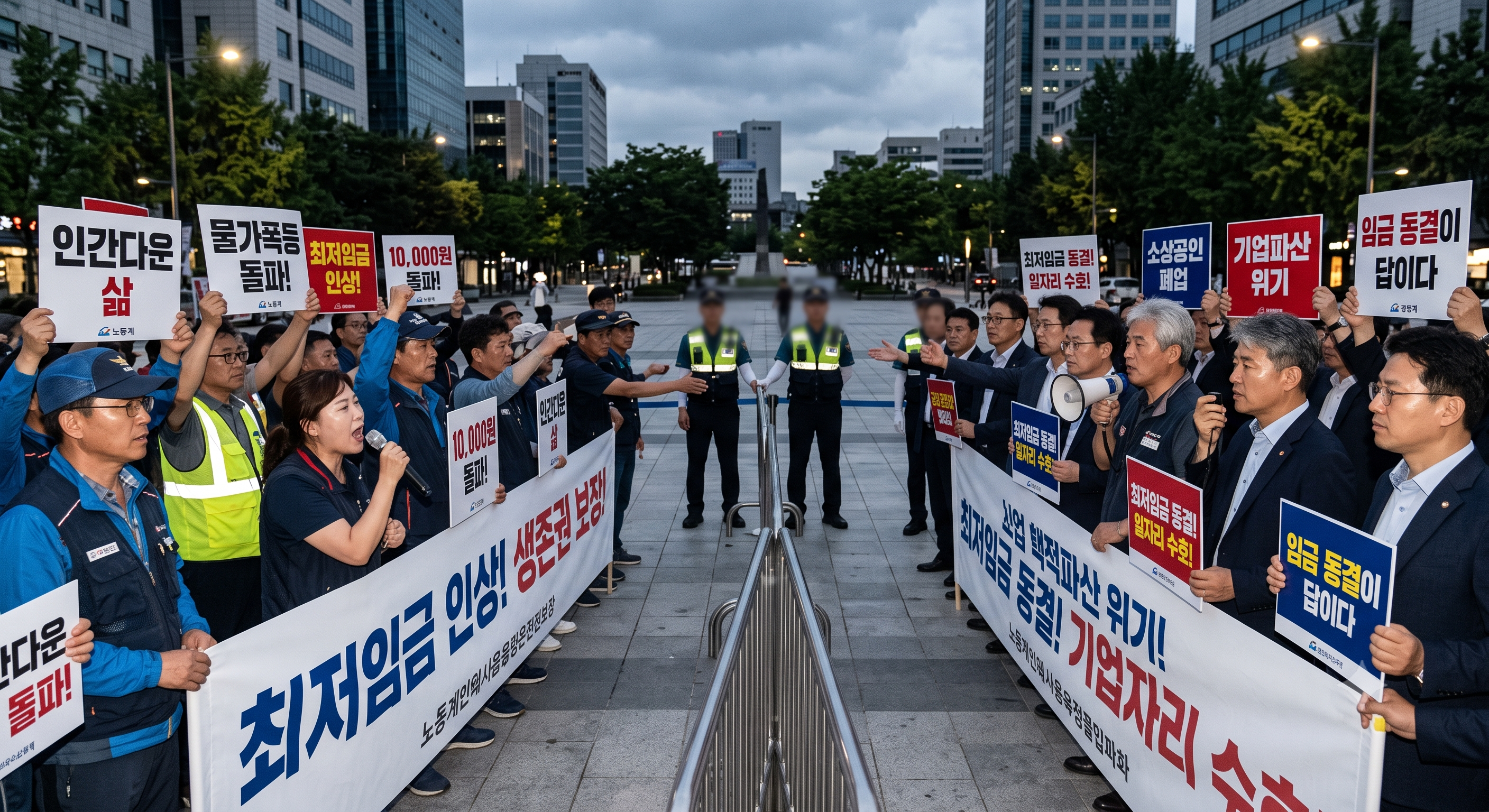 최저임금 인상과 동결을 두고 갈등하는 노동계와 경영계의 모습을 표현한 이미지