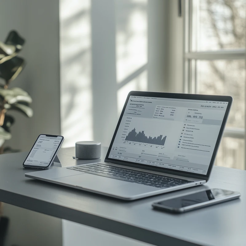 2025 연금저축 및 IRP 계좌에 최적화된 ETF 성과를 실시간 차트로 비교 분석하는 노트북과 모바일 기기 장면으로, 노후준비와 재테크, ETF 수익률, 투자 방법, 계좌 추천 키워드가 잘 반영된 디지털 재테크 업무 환경