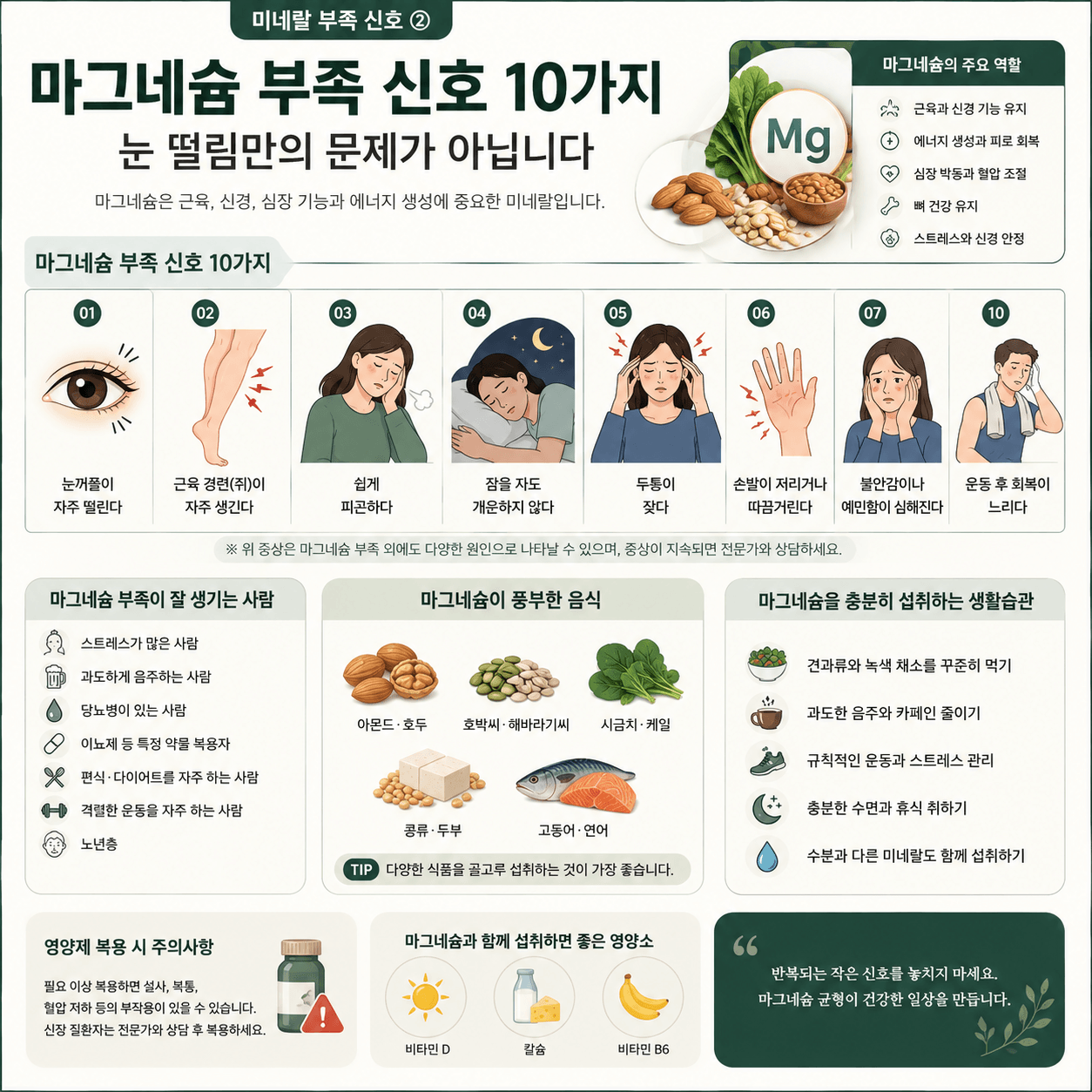 마그네슘 부족으로 나타나는 대표 증상과 마그네슘이 풍부한 음식, 관리 방법을 한눈에 정리한 건강 인포그래픽