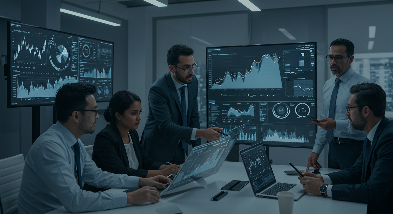 회의실에서 미래 주가 전망을 논의하는 전문가들 모습