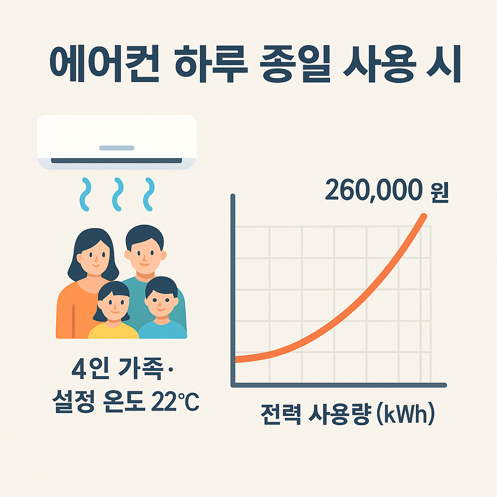 에어컨 하루종일 사용시 문구와 가족과 전력사용량 그래프 이미지