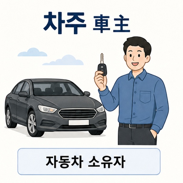 자동차와 차량 소유자를 보여주며 자동차 분야에서 차주가 차량의 주인을 의미한다는 것을 설명한 이미지
