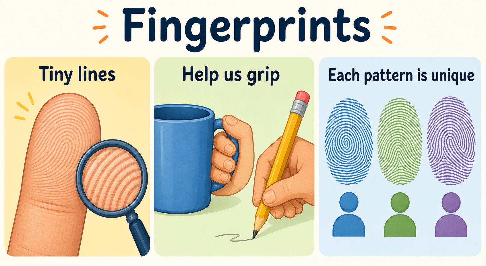 Infographic explaining fingerprint lines, grip, and unique patterns