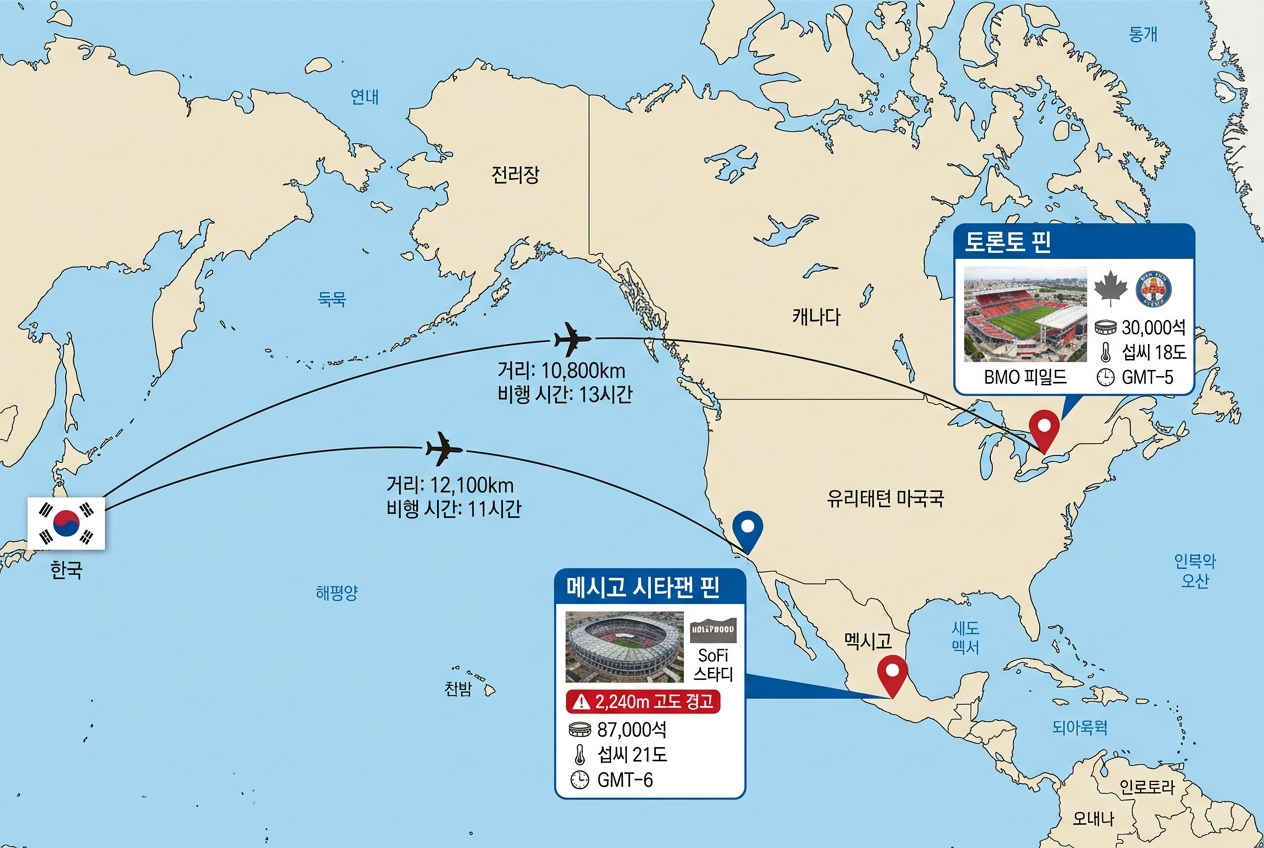 2026 월드컵 한국 A조 개최지 지도 멕시코시티 토론토 LA 경기장 위치