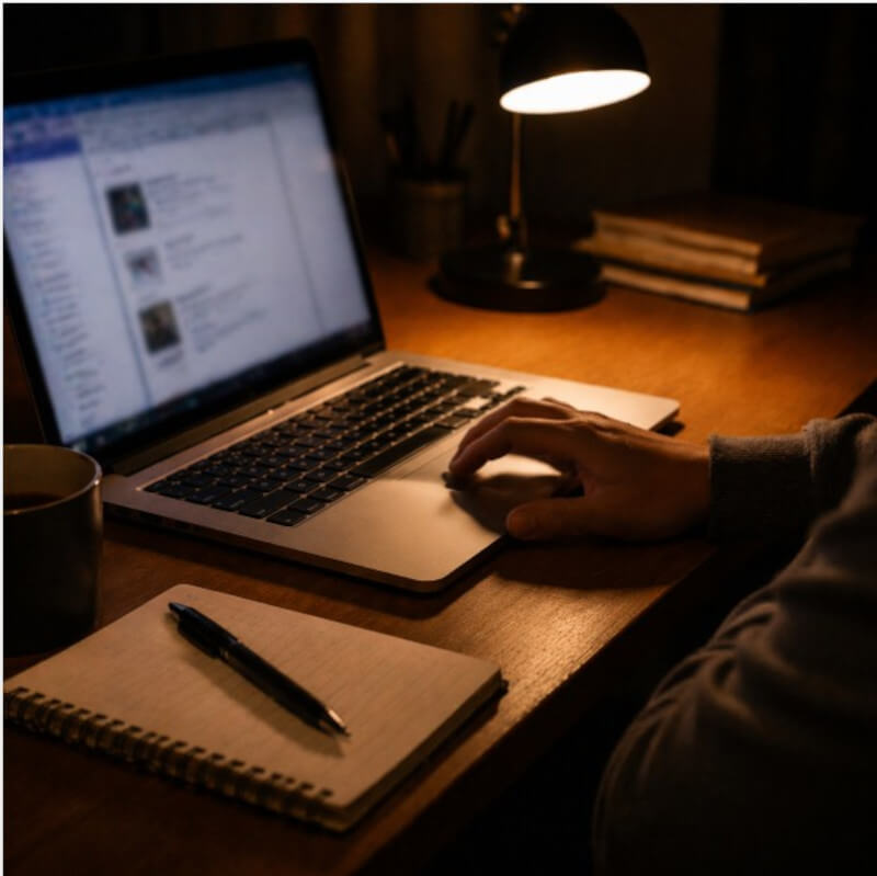 저녁 책상 위에서 노트북 화면을 켜둔 채 손가락이 터치패드 위에 머문 상태로 메모장을 함께 바라보는 순간
