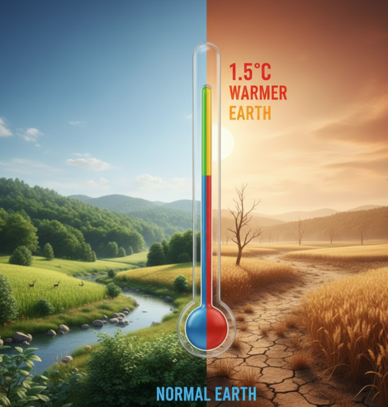 지구 온난화로 인한 기온 상승이 일상생활에 미치는 영향을 나타내는 온도계와 계절 변화 이미지