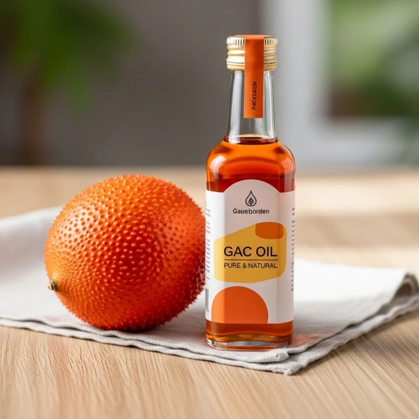 신선한 걱 열매와 걱오일 병이 함께 놓여 있는 모습.