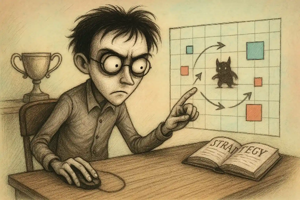 팀 버튼풍 스타일로 전략 게임에 몰입하는 플레이어와 전략판, 트로피와 책이 있는 감성 일러스트