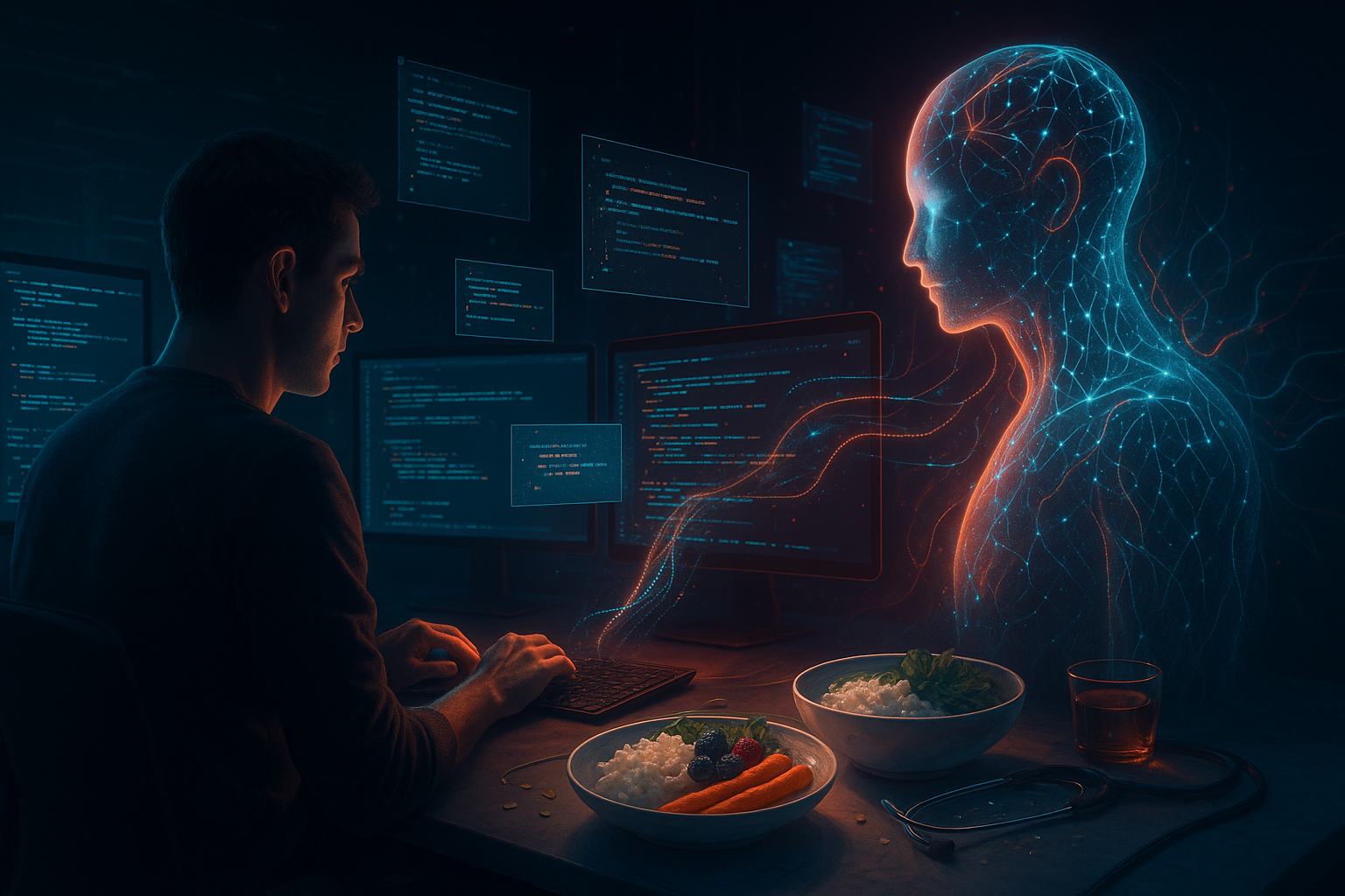 미래형 코딩 작업공간, AI 어시스턴트, 개발자 협업, 듀얼 모니터, 홀로그래픽 코드, 네온 조명, 신경망 패턴, 데이터 스트림, 사이버펑크 스타일, 기술적 분위기, 디지털 아트, 포토리얼리스틱, 시네마틱 라이팅, 코랄 색상, 블루 네온, 프로그래밍, 인공지능, 미래 기술