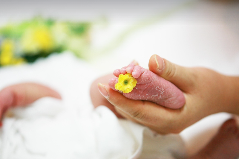 신생아의 발을 손으로 감싸 쥐고 노란 꽃을 올려둔 모습, 출산 후 따뜻한 돌봄의 시작을 상징하는 장면