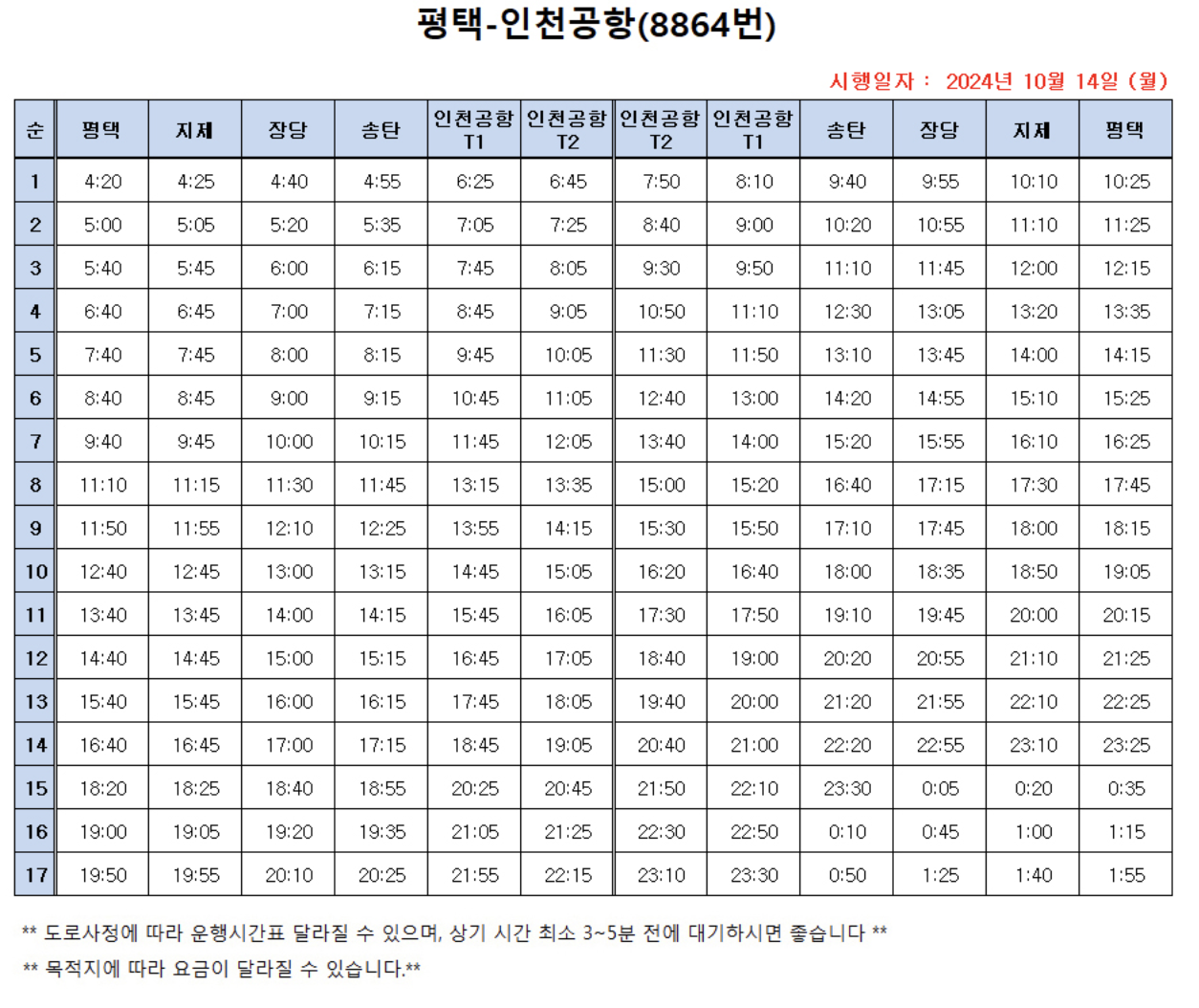 공항 버스 시간표 (8822, 8829, 8834, 8837, 8840, 8842, 8843, 8844, 8864번) 2025년 최신