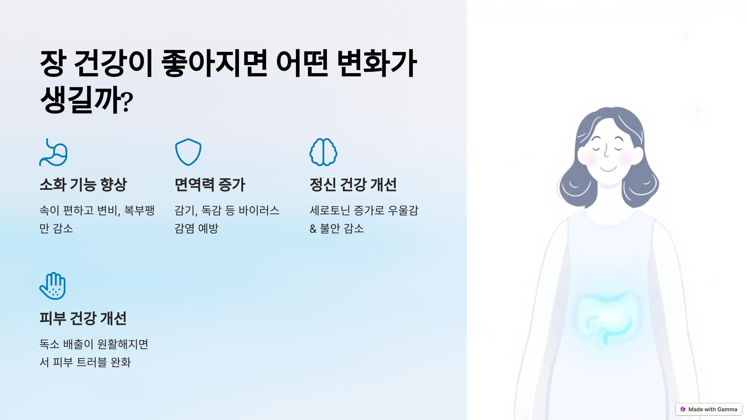장 건강 개선을 통한 소화기능 향상, 면역력 증가, 정신 건강 개선, 피부 건강이 개선 효과를 설명하는 인포그래픽