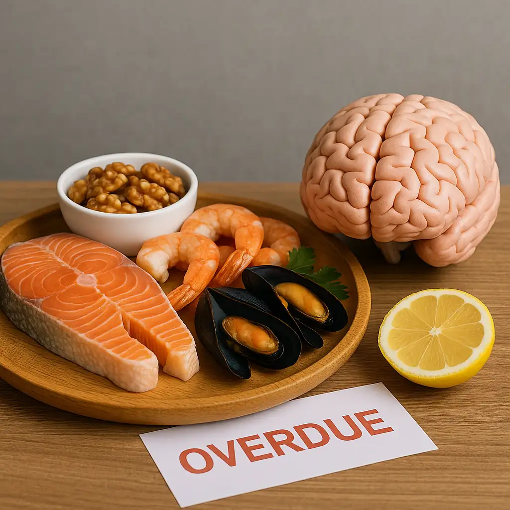 연어와-새우-홍합-호두-같은-해산물이-오메가3-지방산을-통해-뇌-기능과-기억력-유지에-도움을-주는-과정을-시각적으로-표현한-이미지