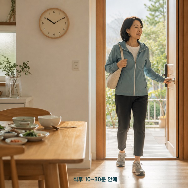 식사를 마친 뒤 10분에서 30분 안에 산책을 나서는 중년 여성