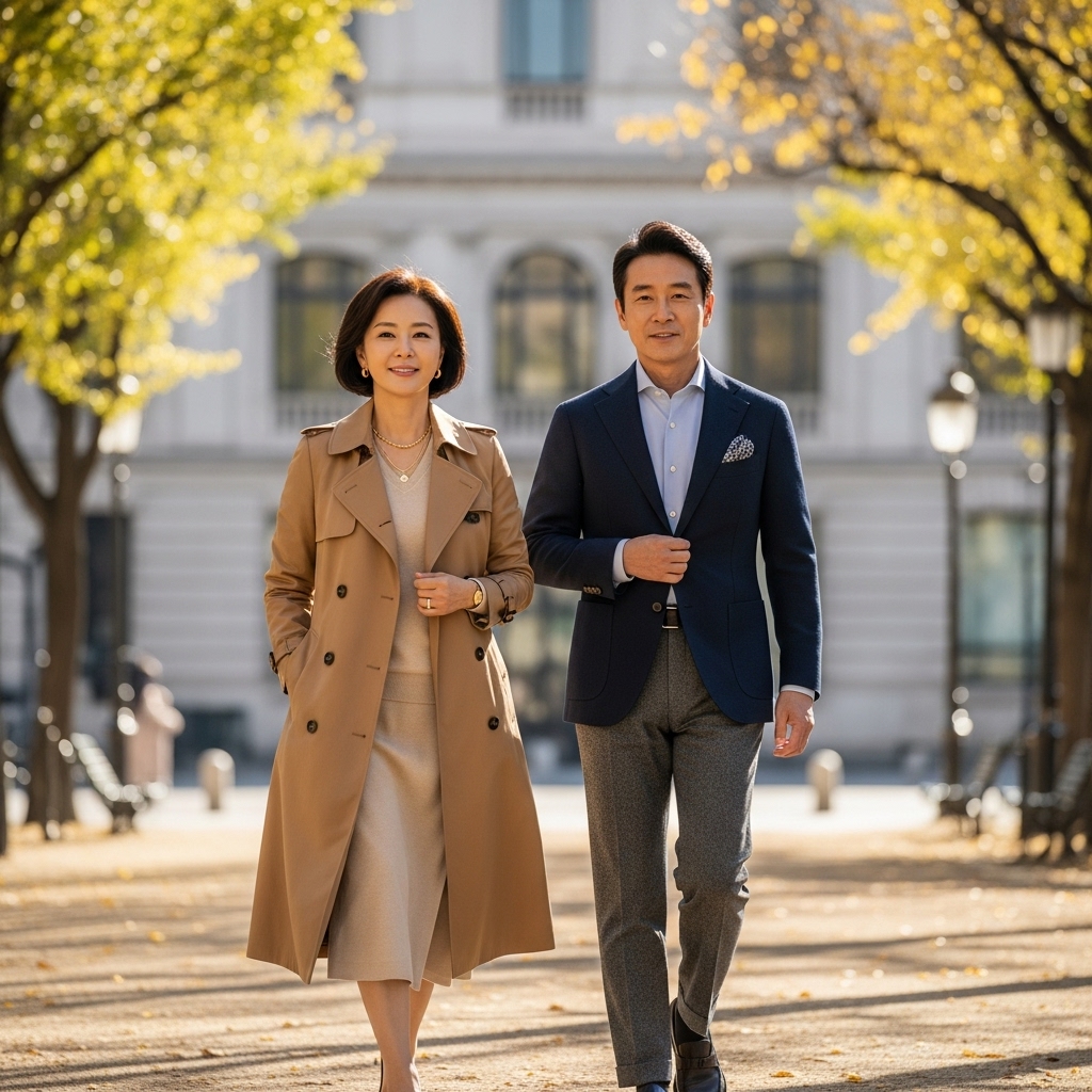2025년 중년 올드머니 룩의 우아함과 품격을 보여주는 세련된 중년 남녀.