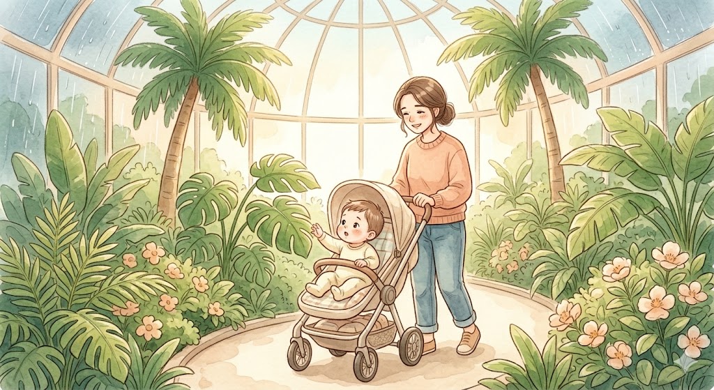 A mother pushing a stroller through a warm indoor greenhouse filled with lush tropical plants, as her baby looks up curiously at the greenery on a rainy spring day.