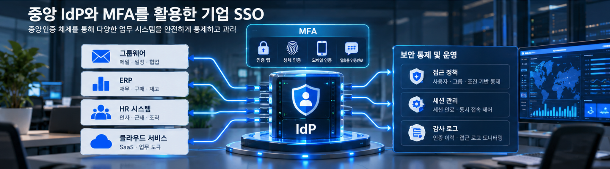 중앙 IdP와 MFA를 기반으로 여러 업무 시스템의 인증을 통제하는 기업 SSO 환경
