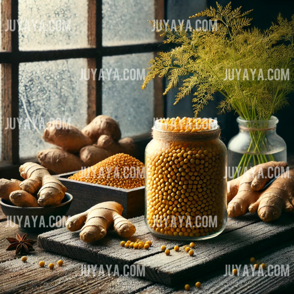 겨자씨와 신선한 생강이 놓인 나무 테이블의 정물 사진. 창문에는 서리가 낀 겨울 분위기가 배경으로 보인다.