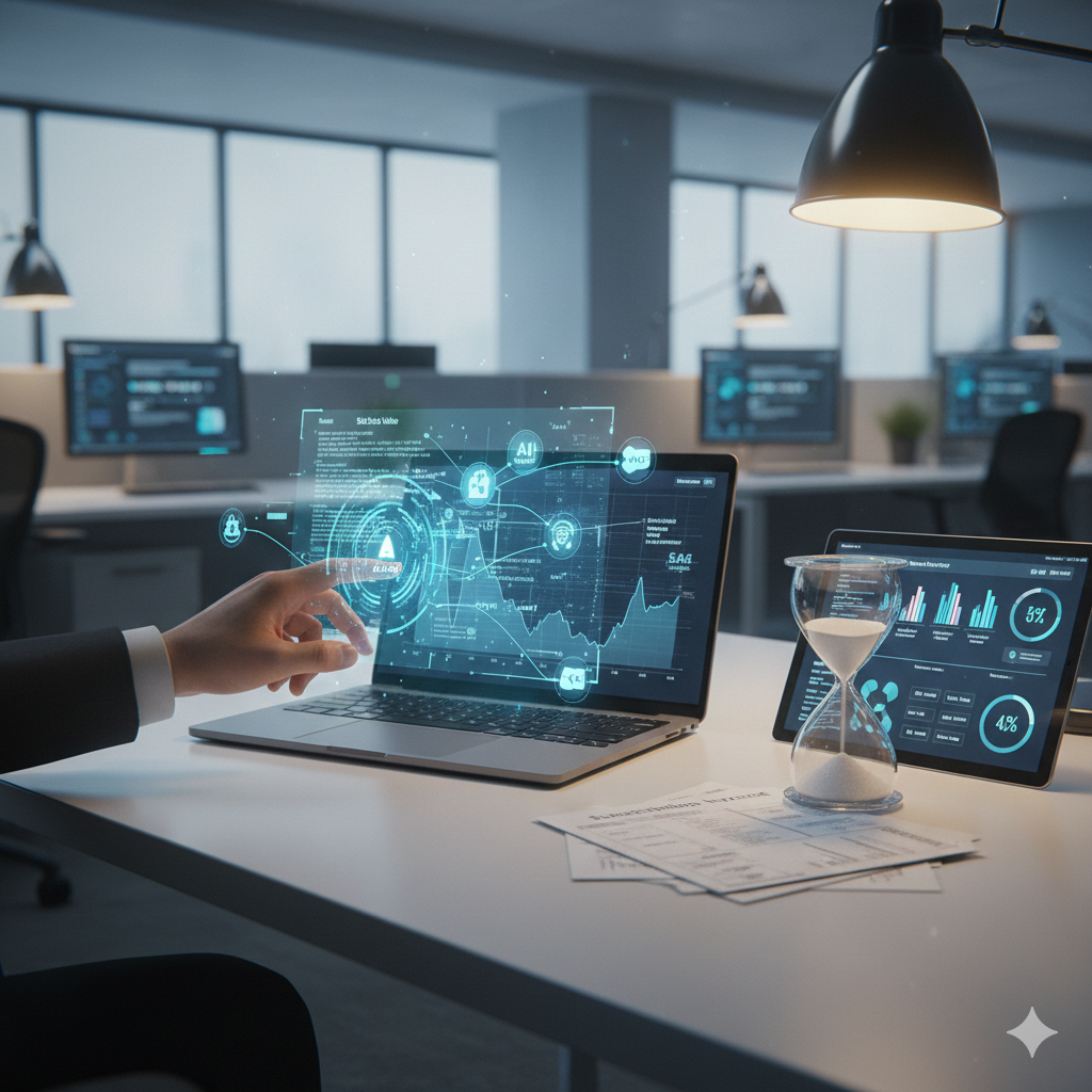 현대적인 사무실 책상 위에 놓인 노트북 화면에서 복잡한 AI 에이전트 네트워크와 데이터 차트가 홀로그램으로 떠오르는 장면이에요. 노트북 옆에는 투명한 모래시계와 실시간 주가 지수가 표시된 태블릿이 놓여 있어, 기존 소프트웨어 시장의 위기와 새로운 기술의 등장이 교차하는 업무 현장을 사실적으로 묘사하고 있어요.