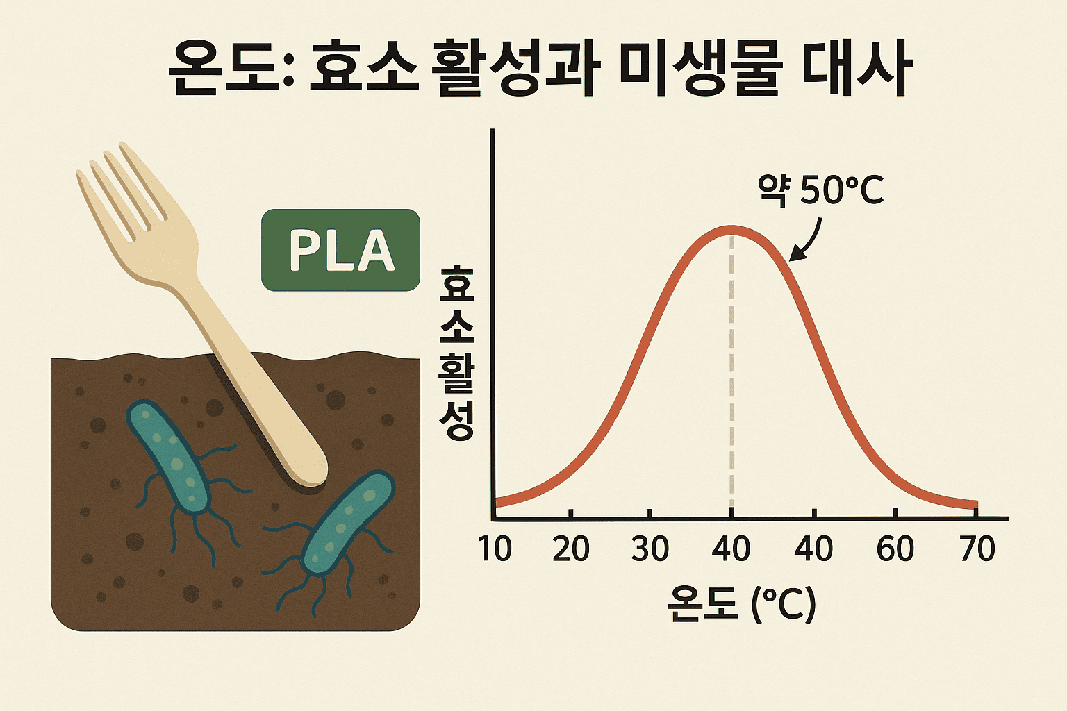 PLA고분자의 생분해에 온도가 어떤 영향을 미치는지 나타내는 그림