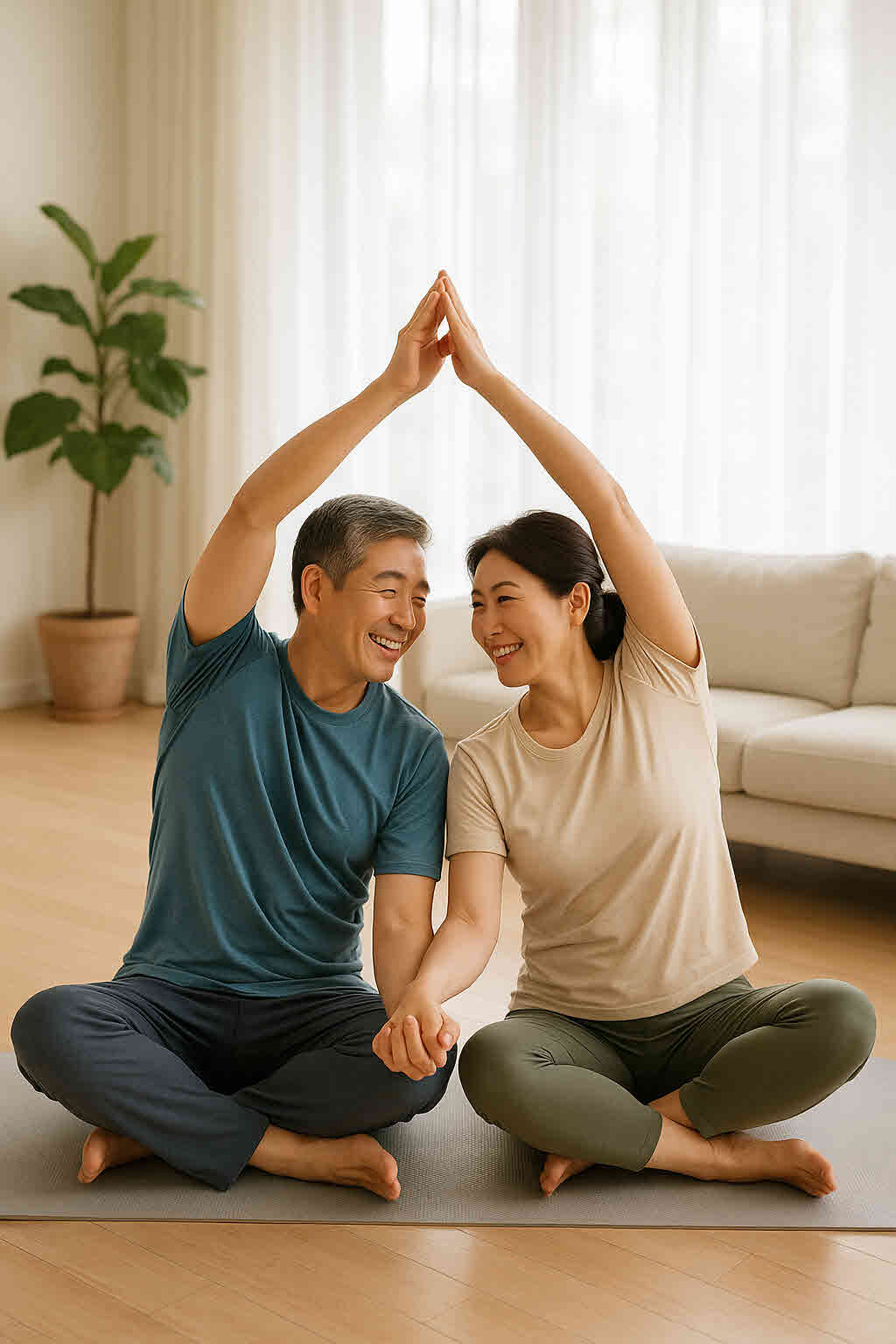 함께 요가를 하는 중년 부부