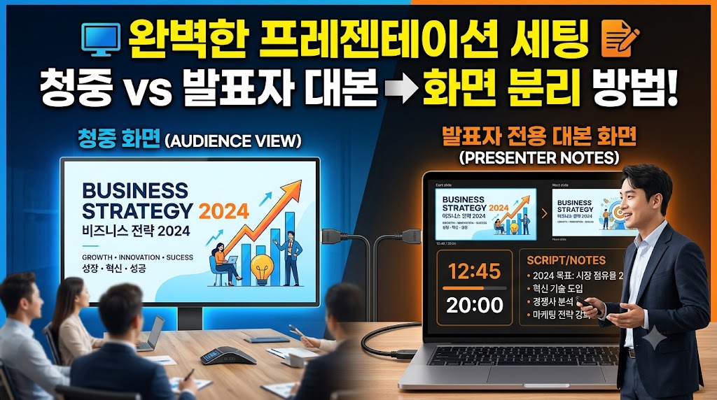듀얼 모니터 환경에서 노트북 화면에는 슬라이드 노트 대본이 보이고 외부 모니터에는 전체 화면 슬라이드 쇼만 송출되는 모습