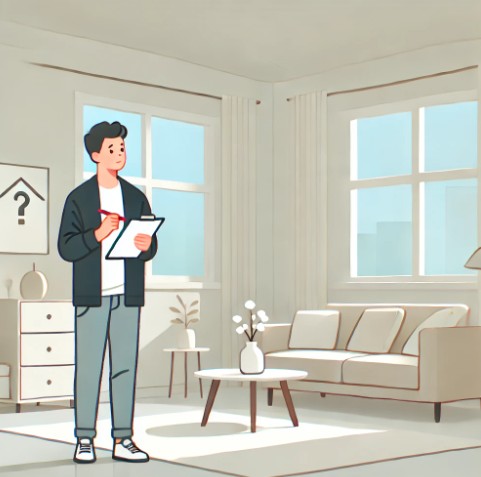 임장 초보가 아파트 내에서 체크리스트를 들고 고민하는 모습의 그림