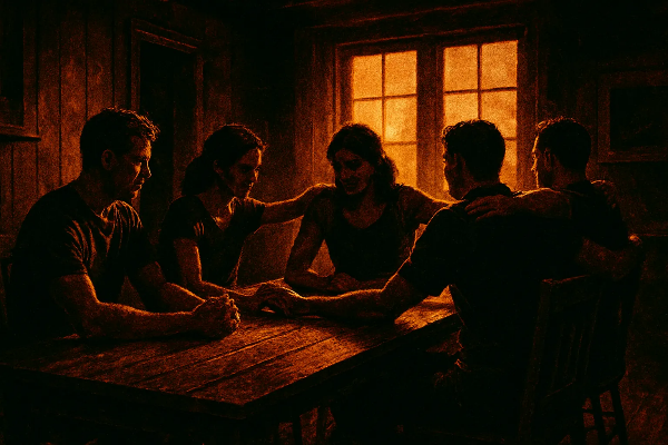 황혼빛 거실에서 손을 맞잡고 지지하는 사람들 모습