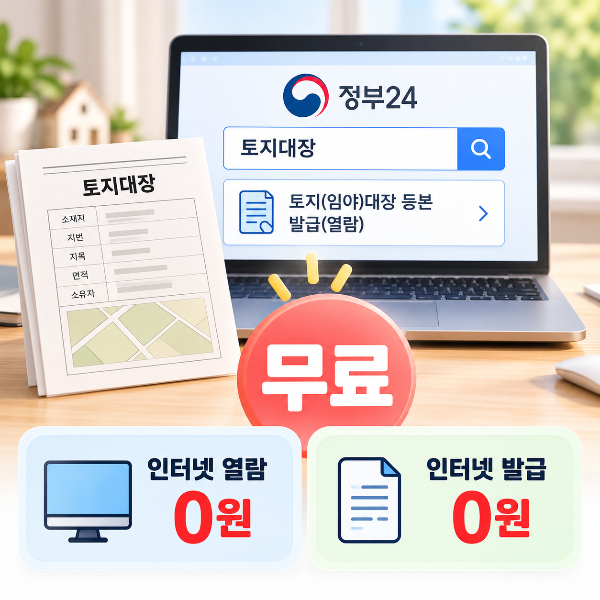 정부24에서 토지대장 인터넷 열람과 발급을 무료로 이용할 수 있음을 안내하는 이미지