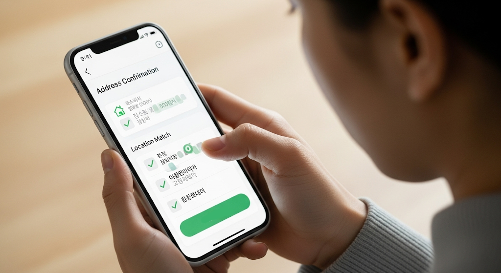 스마트폰 화면에 주소 확인과 위치 일치 UI가 표시되고, 한국인의 손이 세대 구성 정보를 스크롤하고 있음