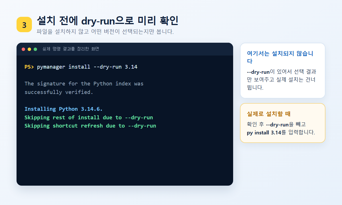 dry-run 명령으로 Python 3.14.6이 선택되고 실제 설치는 건너뛰는 화면