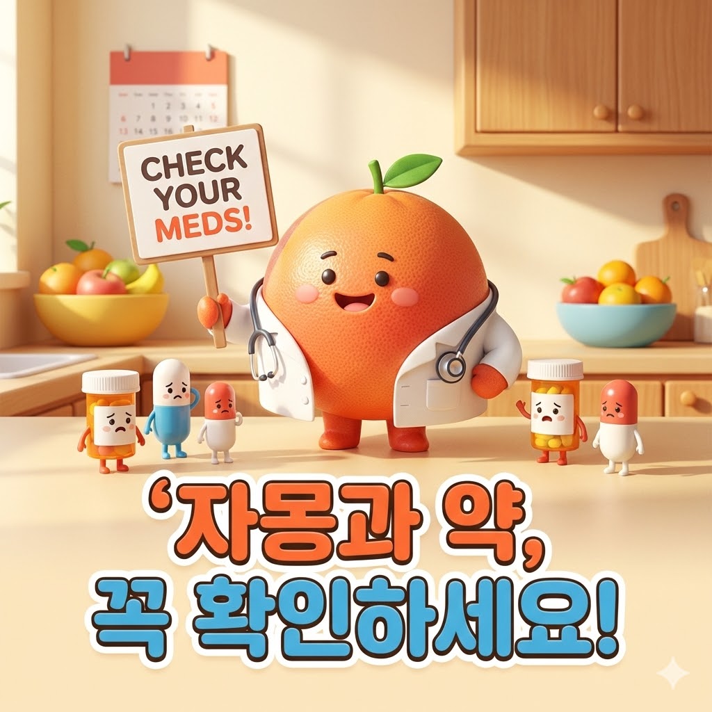 의사 가운을 입은 자몽 캐릭터가 약물 상호작용을 경고하는 표지판을 들고 있는 3D 카툰 일러스트. '자몽과 약, 꼭 확인하세요!'라는 문구가 새겨져 있다.