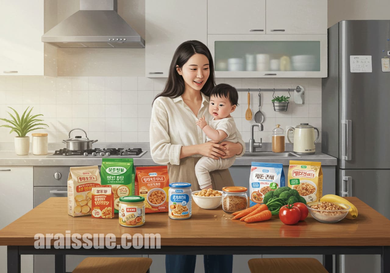 엄마와 아기가 현대식 주방에서 영양이 풍부한 음식을 함께 살펴보는 장면