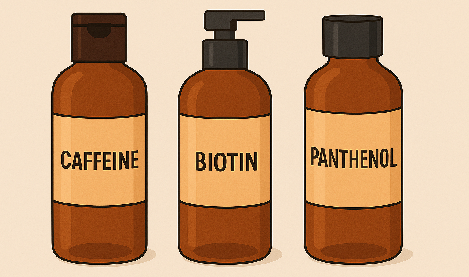 카페인, 비오틴, 판테놀 등 성분 이름이 적힌 화장품 병 이미지