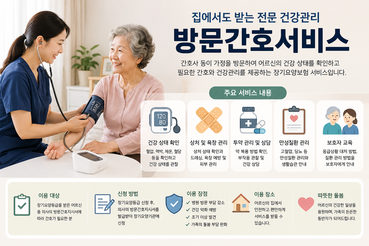 방문간호사가 가정을 방문해 어르신의 건강 상태를 확인하는 모습