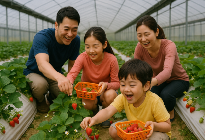 아이들이 있는 가족이 딸기 농장에서 체험하고 있는 모습