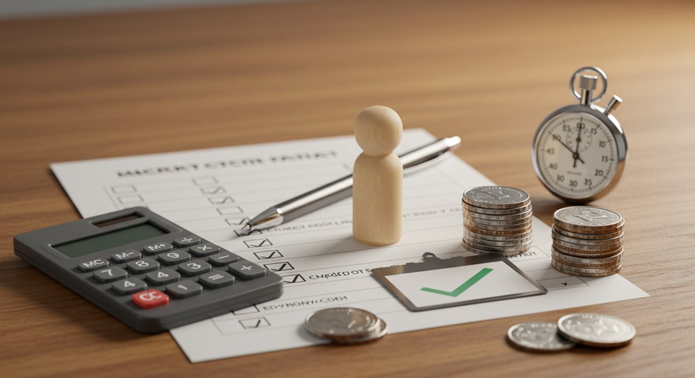 책상 위에 종이 체크리스트 보드, 숫자 없는 미니 계산기 소품, 목재 사람 토큰, 금속 체크 배지, 작은 코인 더미, 스톱워치 오브젝트를 정갈히 배치