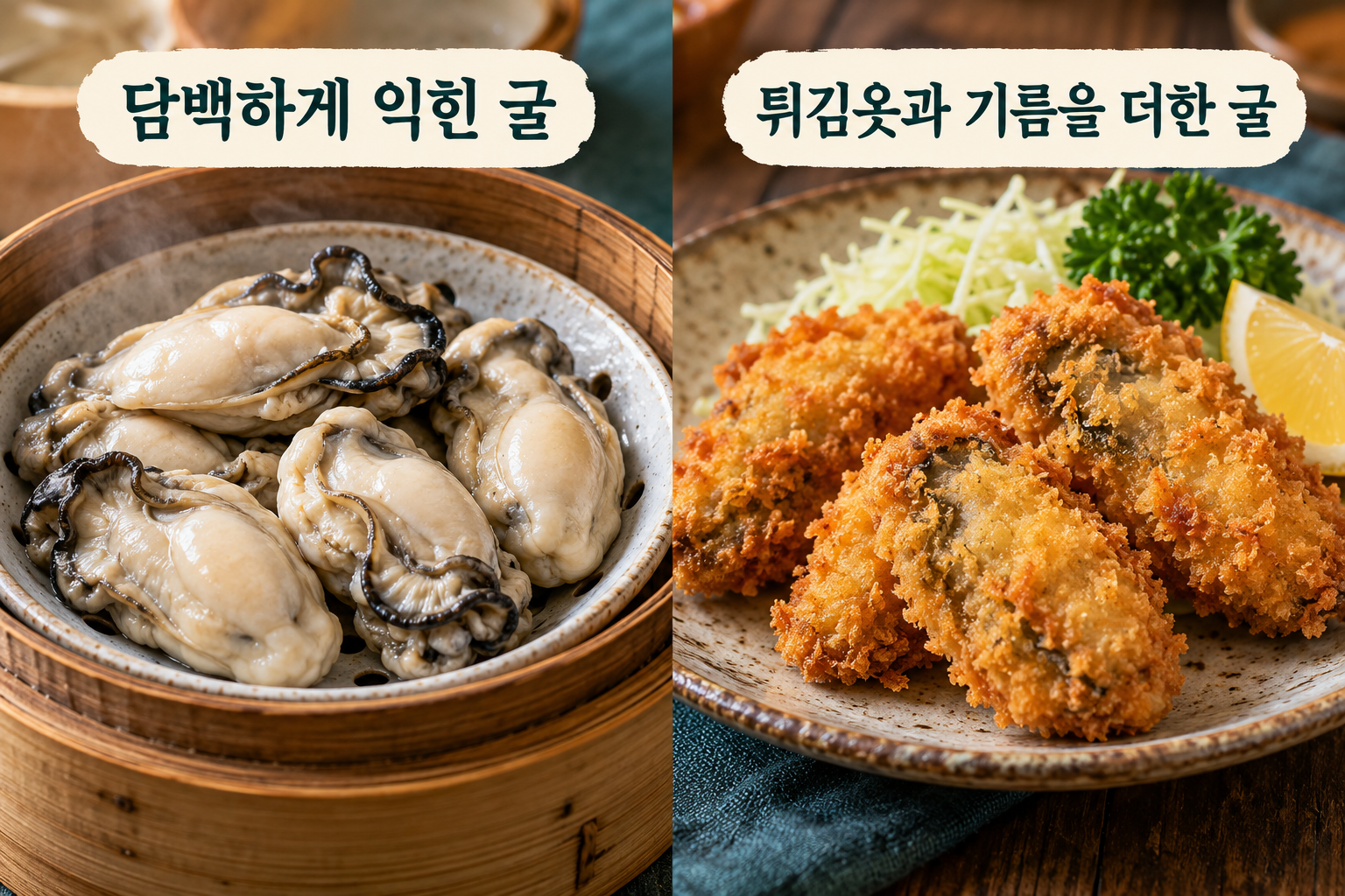 담백하게 익힌 굴과 튀김옷&middot;기름을 더한 굴의 비교.
