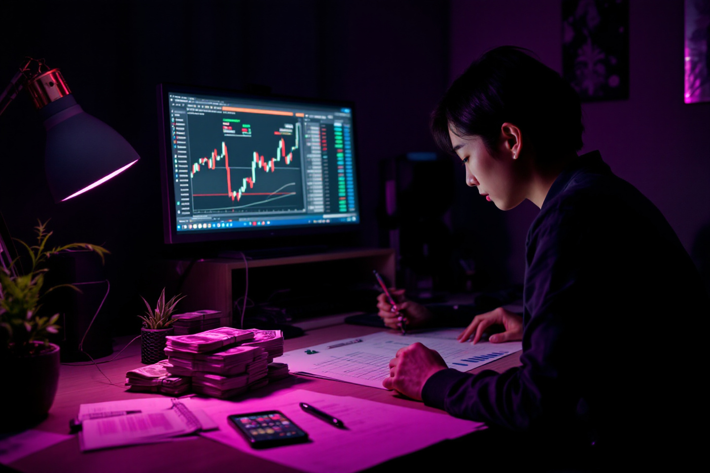 각종 지수 그래프가 있는 모니터를 보면사 돈다발을 앞에 두고 계산하는 사람