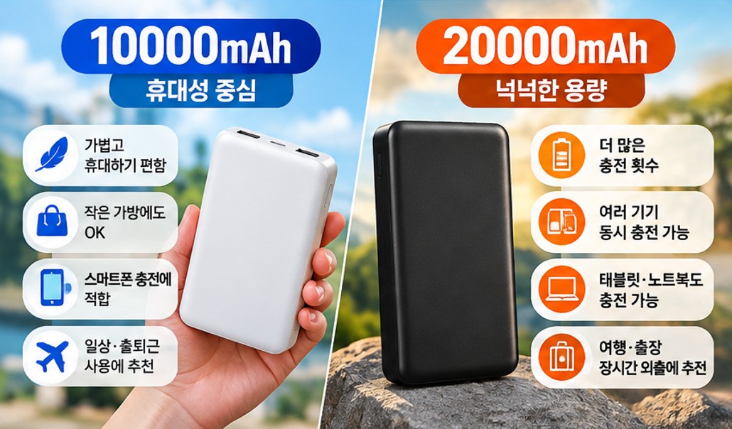 10000mAh 20000mAh 보조배터리 휴대성과 용량 비교