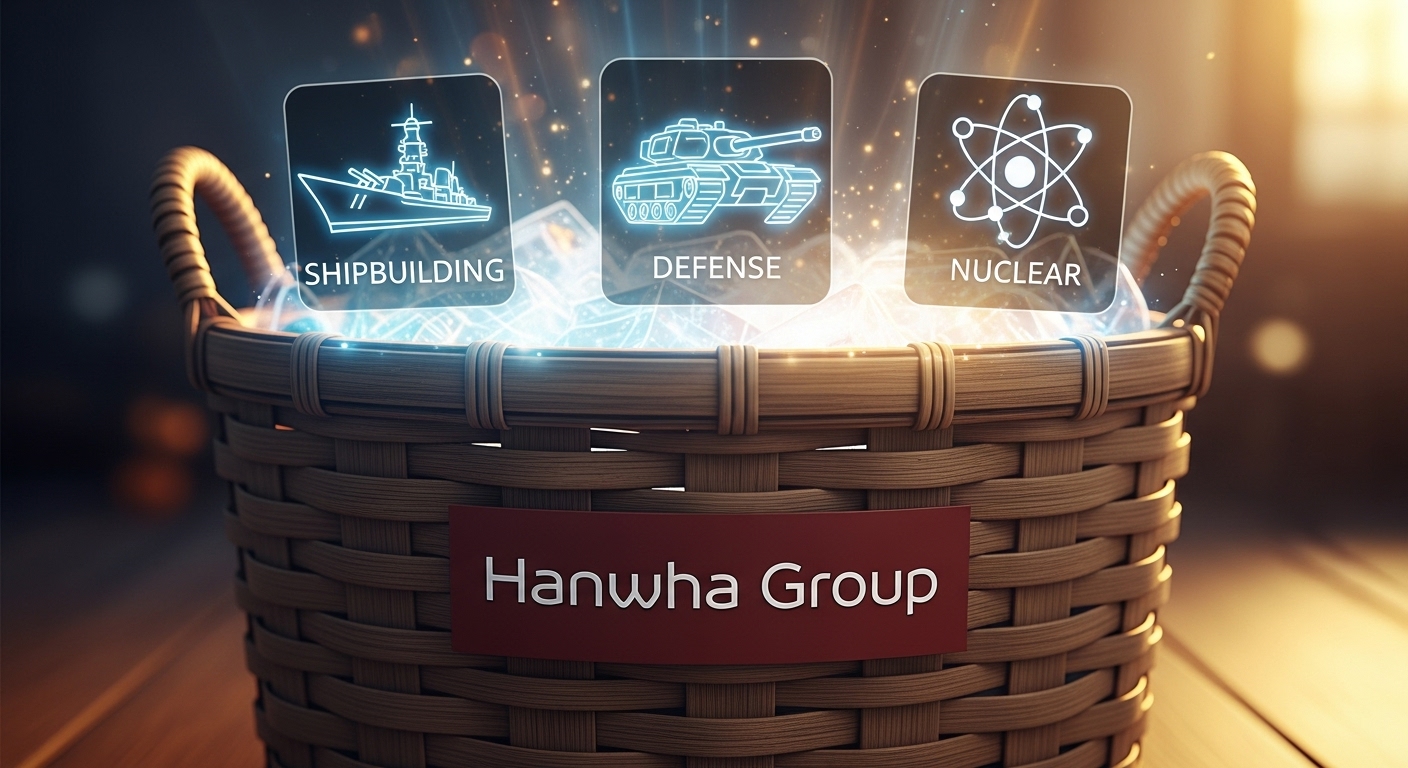 '한화그룹'이라는 바구니 안에 '조선(배)', '방산(탱크)', '원전(원자력)' 아이콘이 가득 담겨있는 이미지