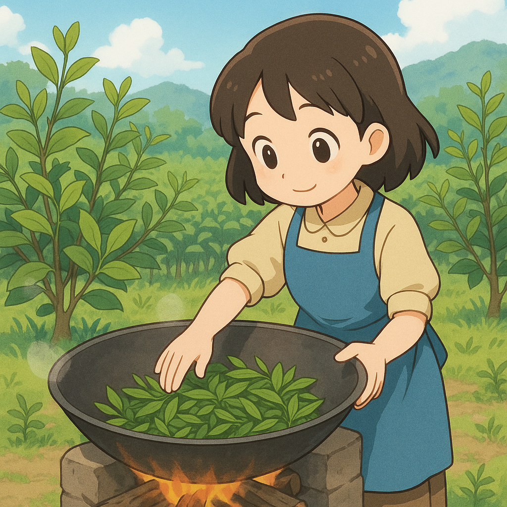 아기자기한 애니풍으로 그린 소녀가 야외에서 차잎을 덖고 있는 모습, 배경에는 푸른 차나무 밭이 펼쳐져 있음