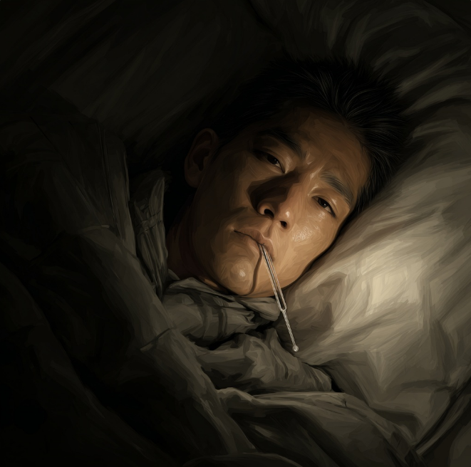 침대위 온도계를 물은 남성