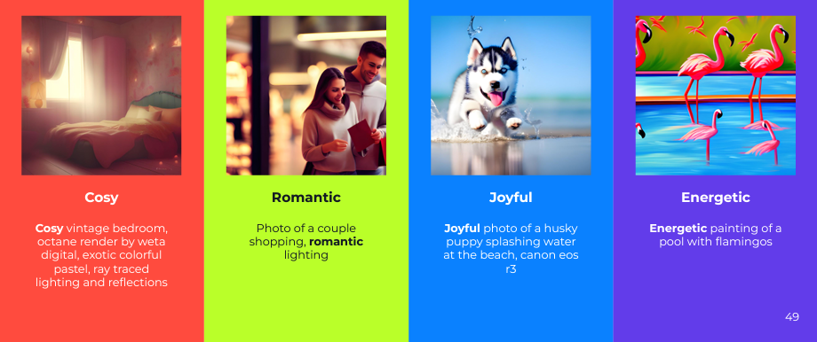 감정 관련 수식어의 예 - Cosy, Romantic, Joyful, Energetic