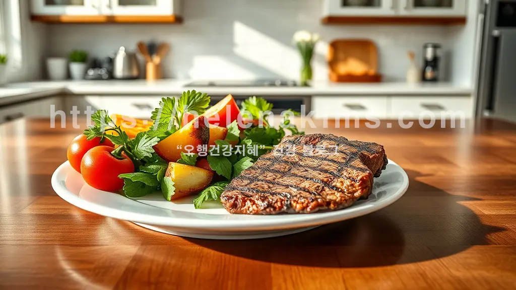 나무 식탁 위 하얀 접시에 다양한 야채와 맛 있게 구워진 스테이크가 놓인 모습.