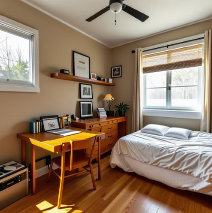 침대,책상이 함께 있는 작은 방