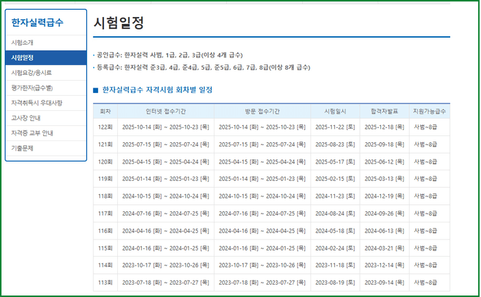 한국한자실력평가원 한자 급수 시험 일정