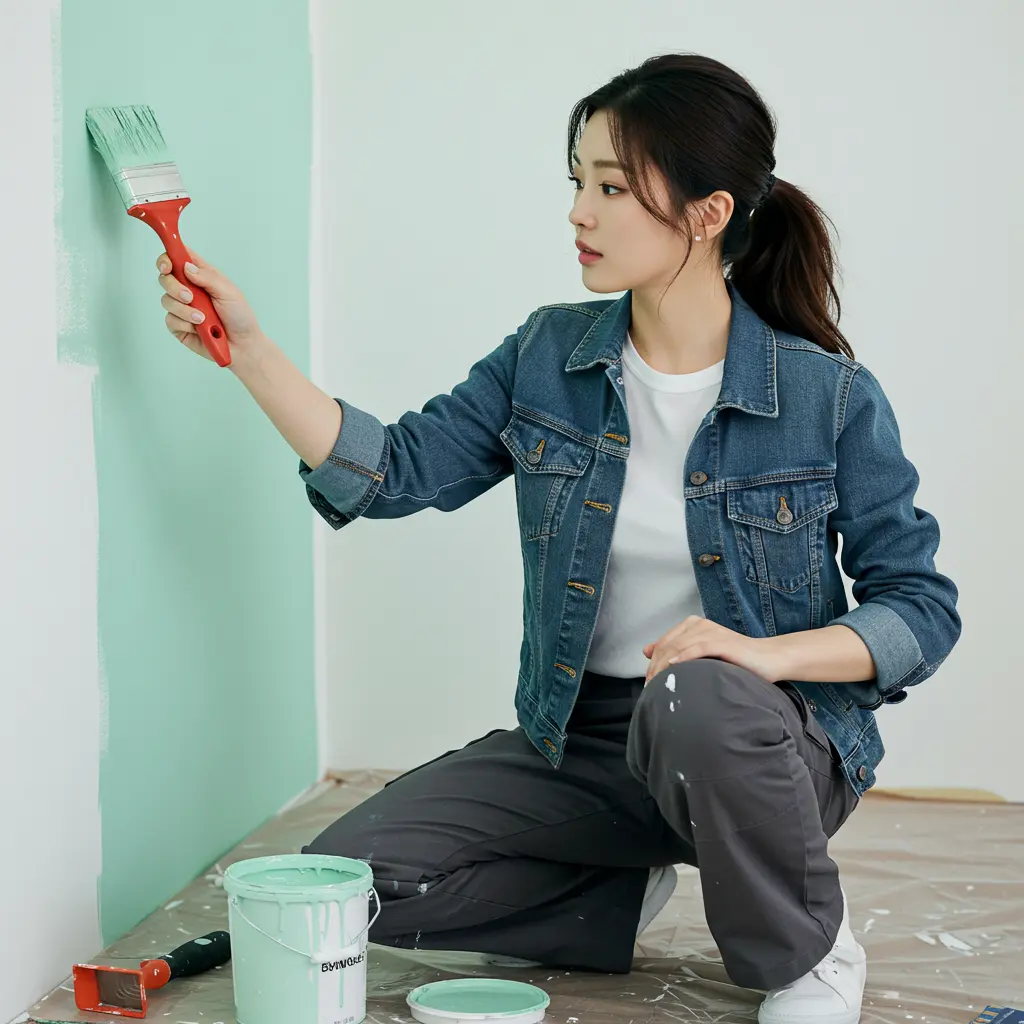 북유럽 인테리어 인기컬러를 벽지에 바르는 여성의 이미지